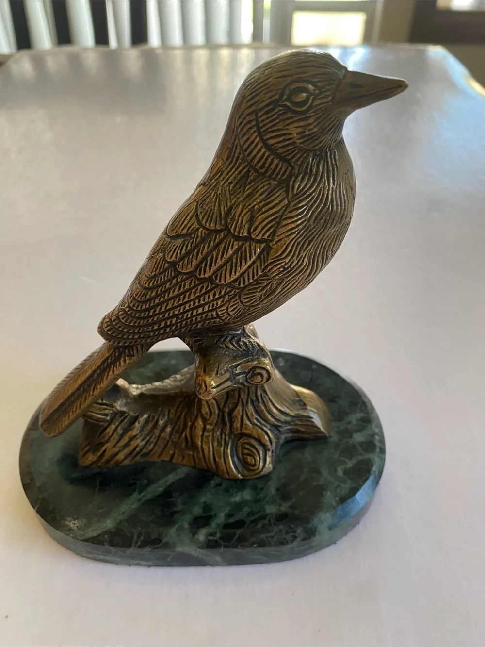 Vintage Solid Brass Bird Figurine on Green Marble Base